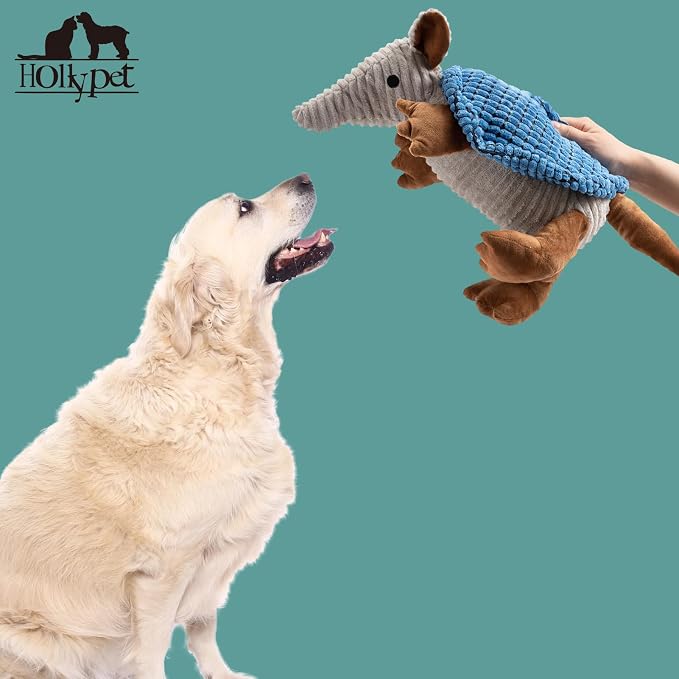 Hollypet Plush Dog Squeaky Toy Stuffed Armadillo Animal Pet Puppy Chew Toys with Clean Teeth for Small Medium Large All Breed Sizes Dogs, Blue, 10 in