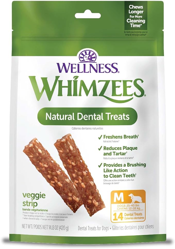 Whimzees Wellness Veggie Strip Natural Dog Dental Treat, Chews, Freshens Breath, Medium Size, 14.81 oz Bag, 14 Count