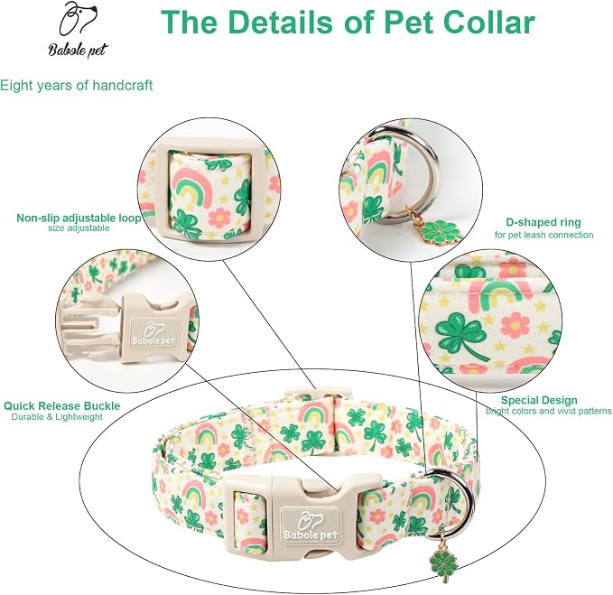 St. Patrick's Day Dog Collar for Small Dogs - Cute Shamrock & Rainbow Print Dog Collars, Irish Green Party Puppy Collar, Lightweight Adjustable St. Patricks Day Pet Collars S