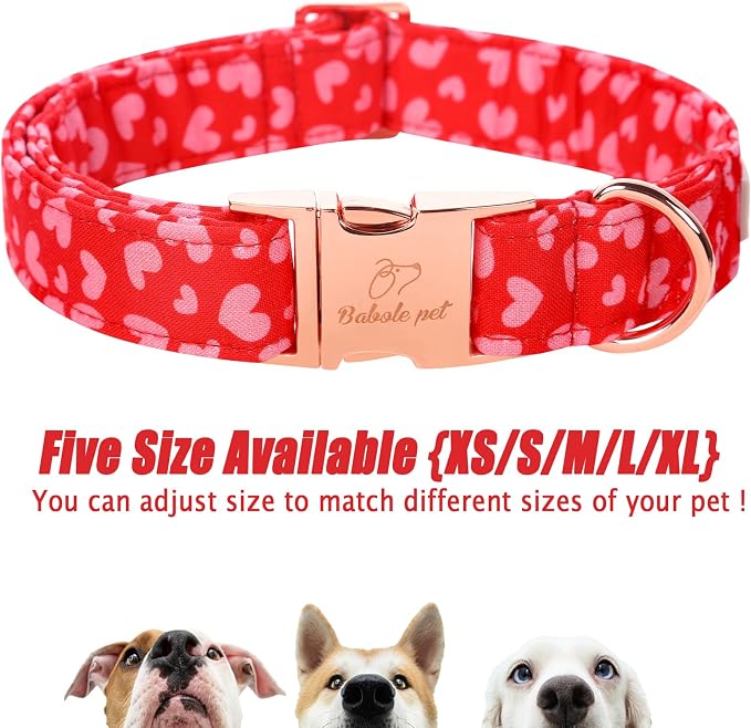 Valentines Dog Collar, Red Pink Heart Valentine Pet Collar with Metal Buckle, Durable Adjustable Holiday Dog Collars for Small Medium Large Dogs XS