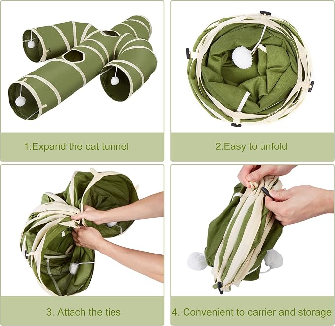 Ownpets Cat Tunnel Cactus-Shaped, Sturdy Oxford Fabric Collapsible Cat Tunnels for Indoor Cats,Interactive Peek Hole Pet Tunnel Tube with Cat Wand Toy, Green