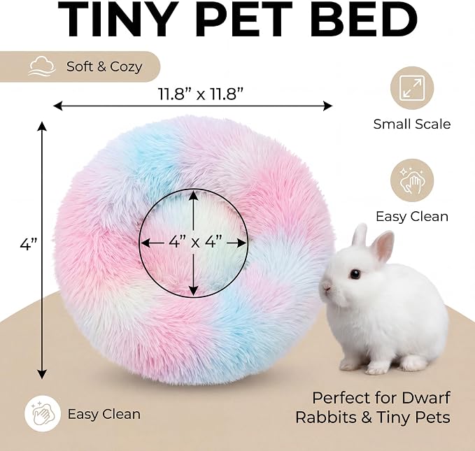 Guinea Pig Bed 11.8 Inch for Small Animal，Washable Small Animal Beds，Hideout Soft & Comfortable Donut Bed for Dwarf Rabbits/Hamster/Hedgehog/Ferrets,Rainbow