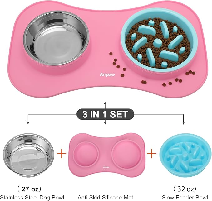 Anipaw Slow Feeder Dog Bowls 3 in 1 Stainless Steel Dog Food and Water Bowls with Non-Spill Non-Skid Silicone Mat to Slow Down Eating for Large Medium Small Breed Size Dogs and Cats (Pink Blue)