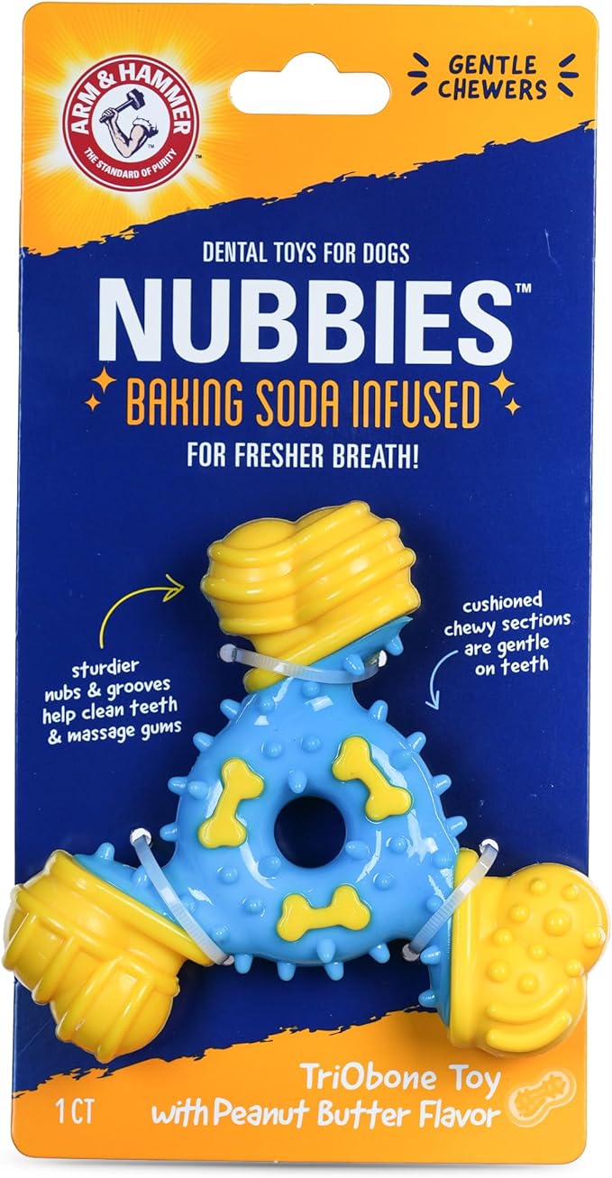 Arm & Hammer Nubbies TriBone Dog Dental Chew Toy Peanut Butter Flavor Moderate Chewers Nylon TPR Plaque Tartar Reduction Baking Soda Infused