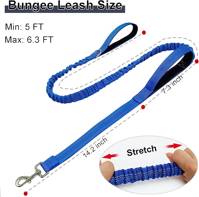 5 FT Bungee Dog Leash with 2 Handles, Reflective Strong Nylon Traffic Leash, Shock Absorbing Lead for Large Medium Dogs Walking Training Controlling, Dark Blue