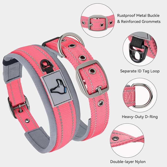Joytale Dog Collar for Extra Large Dogs, Neoprene Padded and Adjustable, Reflective Wide Heavy Duty Pet Collars with Durable Metal Belt Buckle for Walking, Pink, XL