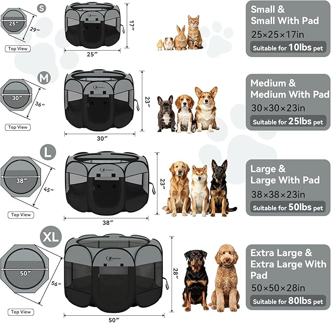 Siedihit Dog Cat Playpen with Washable Pee Pad, Puppy Pet Playpen Indoor for Small Dog Crate Tent Cage Outdoor, Portable Pop Up Dogs Enclosure Kennel with Carrying Case,Dark Grey