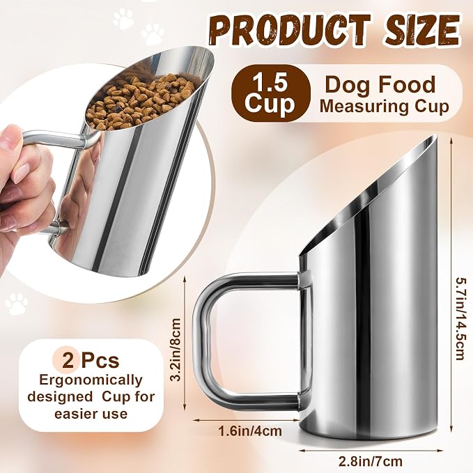 Zonon 2 Pieces 1.5/12 oz Cup Dog Food Stainless Steel Scoop, Durable Metal Dog & Cat Food Cup with Ergonomic No-slip Grip, Easy-clean, Rust-resistant Convenient for Bucket Pet Animal Feeds (Novel)