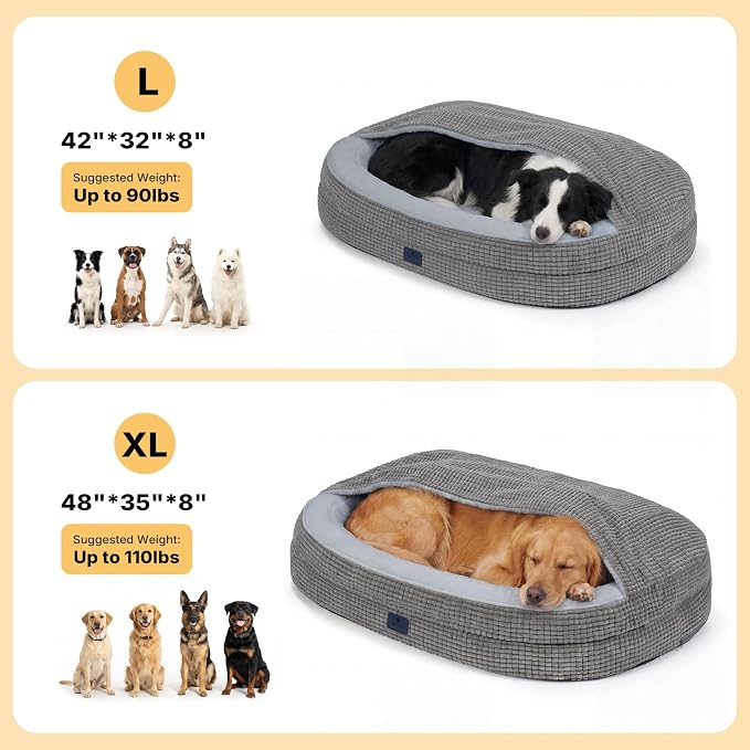 Veehoo 2 in 1 Dog Bed with Cover Cave, Large Dog Beds Indoor with Hooded Blanket, 42 inch Cozy Dogs Cave Bed with Removable Washable Cover for Large Size Dogs Up to 90 lbs