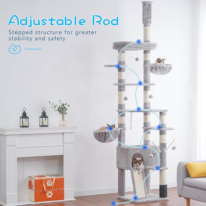 Hey-brother Cat Tree, 98.4-110.2 Inches Floor to Ceiling Cat Tree-Adjustable Height, Tall Cat Climbing Tower for Cats Large Adult with Scratching Post, Cat cando, Light Gray 0MPJ091W