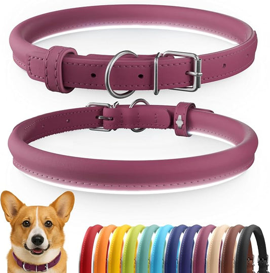 CollarDirect Reflective Rolled Leather Dog Collar, Soft Padded Round Puppy Collar, Handmade Genuine Leather Collar Dog Small Large Cat Collars 13 Colors (13-16 Inch, Pink Reflective)