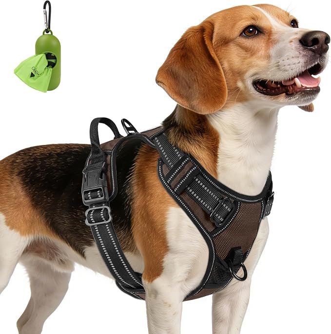 Joytale No Pull Dog Harness Medium Sized Dog, Reflective Pet Vest with Front Clip, Adjustable Soft Padded Harnesses with Easy Control Handle for Training and Walking, Brown, M