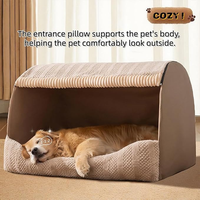 Extra Large Dog House Indoor, Memory Sponge, Cozy Dog Bed House, Pet Sleeping House Dog Cave for Dogs Cats (Khaki, L)