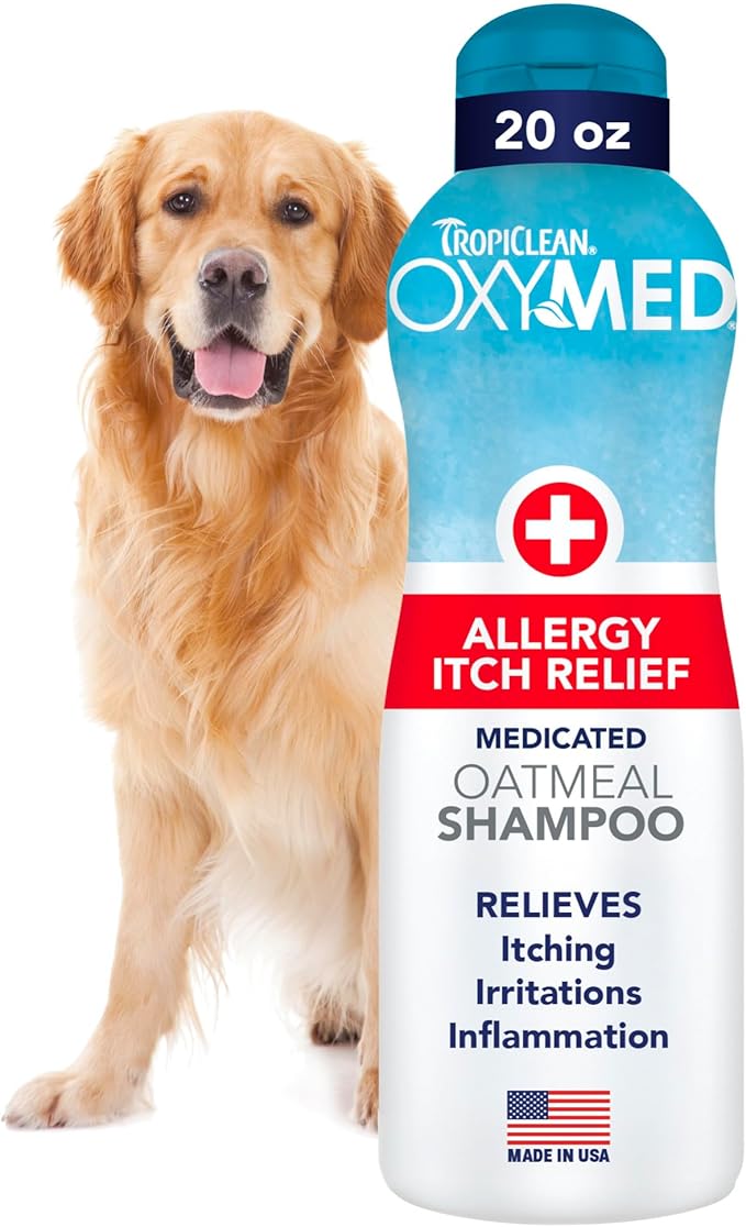 TropiClean OxyMed Dog Shampoo for Allergies and Itching, Gentle Moisturizing Oatmeal & Aloe Shampoo for Seasonal Allergies & Skin Irritants, 20oz