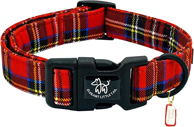 Elegant little tail Christmas Dog Collar, Red Plaid Pet Collar Cotton Soft Plastic Buckle Sturdy Puppy Collars Holiday Female or Male Adjustable Collar for Large Dogs
