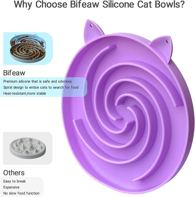 Bifeaw Slow Feeder Cat Bowl, Easy to Clean Silicone Bowl, Ideal for Dry and Wet Food (Purple and Pink)