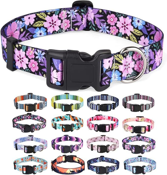 Mihqy Dog Collar with Bohemia Floral Tribal Geometric Patterns - Soft Ethnic Style Collar Adjustable for Small Medium Large Dogs(Floral Pink,S)