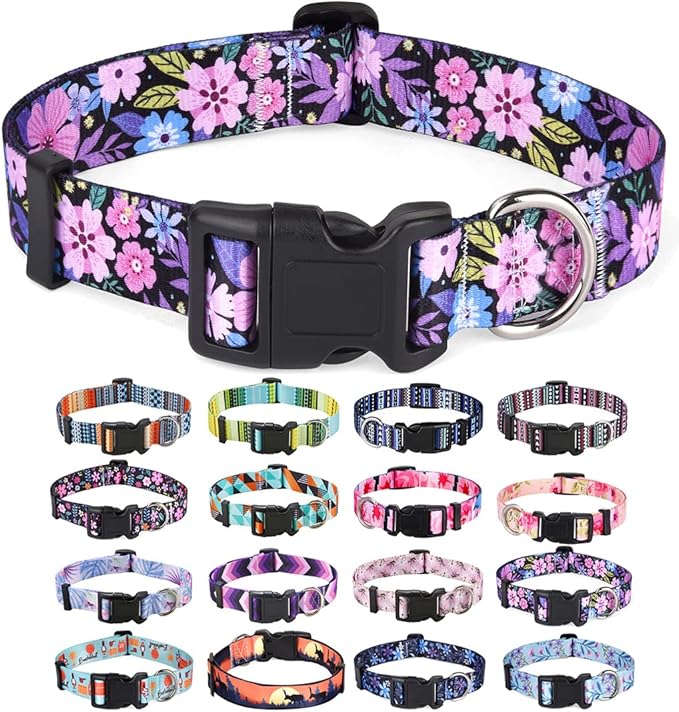 Mihqy Dog Collar with Bohemia Floral Tribal Geometric Patterns - Soft Ethnic Style Collar Adjustable for Small Medium Large Dogs(Floral Pink,L)