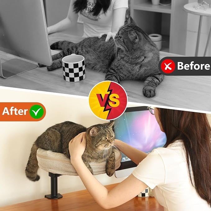 Cat Desk Bed for Cat, Desk Mounted Pet Mat x2 Removable and Washable, 360 Rotation & Adjustable Height Cats Up to 40 lbs