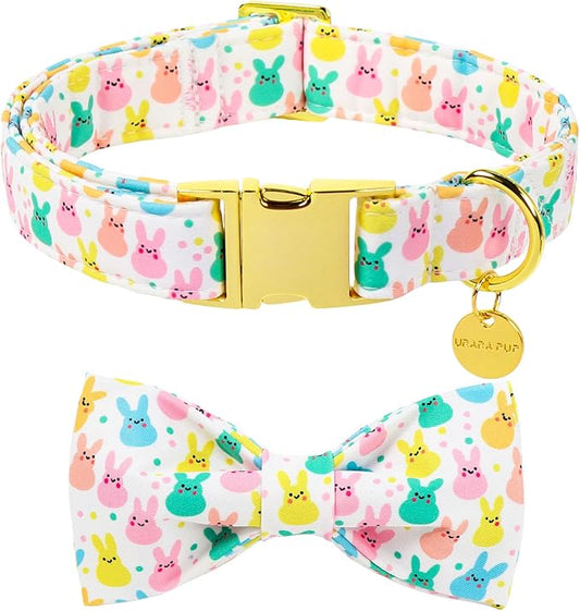 Easter Dog Collar with Bow Tie, Cotton Bunny Bowtie for Large Girl Boy Dog, Cute Rabbit Pet Collar with Metal Buckle, Gift, M