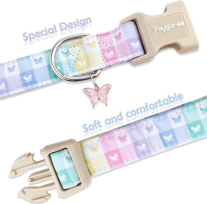 Faygarsle Pastel Butterfly Print Dog Collar, Adjustable with Quick-Release Buckle, Lightweight Summer Design for Small Medium Large Dogs Colorful M