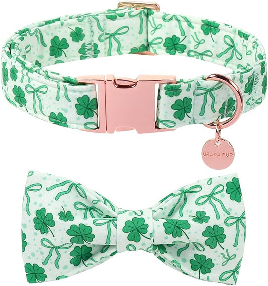 St. Patrick's Day Dog Collar with Bow Tie, Spring Shamrock Bowtie Collar for Girl Boy Dog, Lucky Clover Dog Collar with Metal Buckle, Green Collar for Dogs, XL