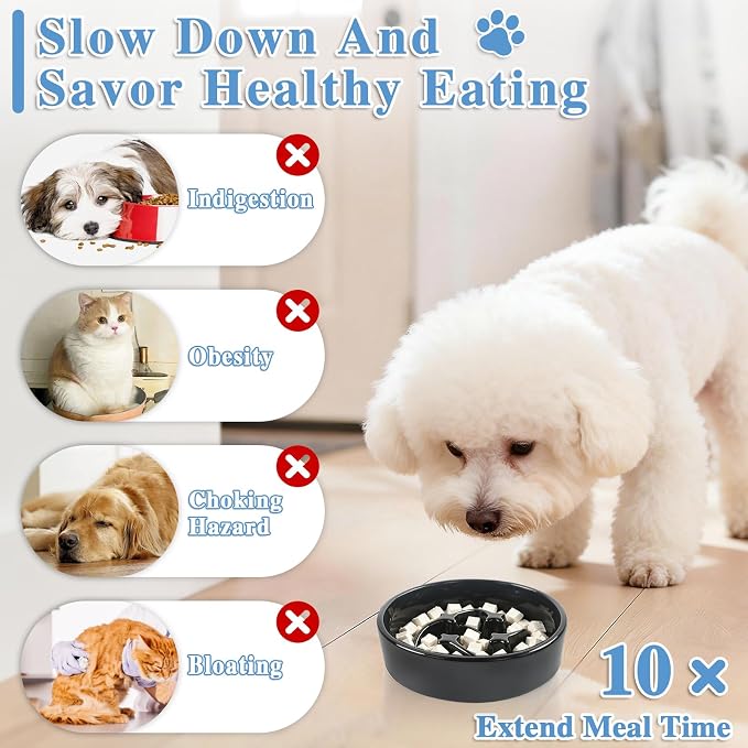 Ceramic Slow Feeder Dog Bowls, 1 Cups Dog Food Dish for Small and Medium Breed, Puzzle Dog Food Bowl for Fast Eater, 15OZ, 6.3 inch(Black)