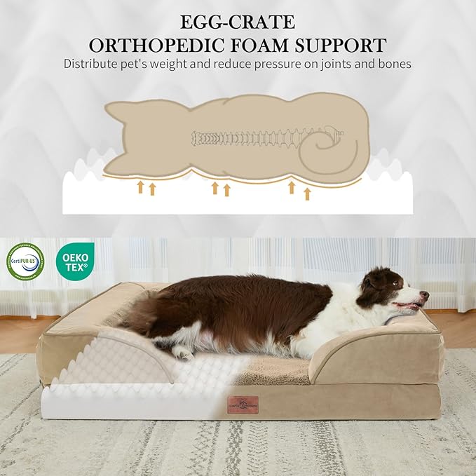 Comfort Expression Orthopedic Dog Bed for Extra Large Dogs 48x30 Inch, Waterproof Egg Crate Foam XXL Pet Bed with Removable Bolsters, Dog Couch with Washable Cover & Non-Slip Bottom, Light Brown