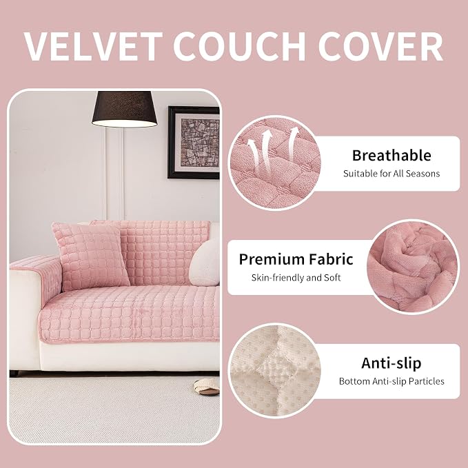 Velvet Couch Cover, Washable Sectional Sofa Cover, Anti Slip Sofa Slipcover for 3 Cushion Couch Sofa L Shaped Armrest Backrest, Furniture Protector Covers for Pets Kids(1PC,Pink,36"×94")