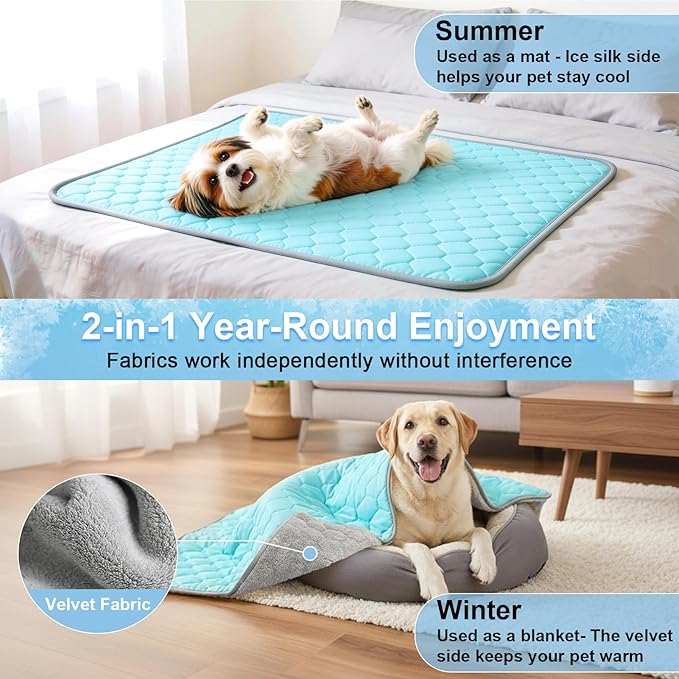 Vivifying Cooling Mat for Dogs, 40 x 30 Inch Waterproof Reversible Pet Cooling Pad with Ice Silk & Soft Velvet, Washable Summer & Winter Pet Blanket for Couch, Bed, Crate, Floor, Car Seat (Blue&Grey)