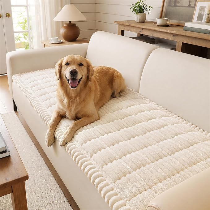 decorUhome Non-Slip Fuzzy Couch Cover for Dogs, Soft Thick Washable Pet-Friendly Protector, Sofa Slipcover for 2 Cushion Sofa/Loveseat, White, 27.6" x 59"