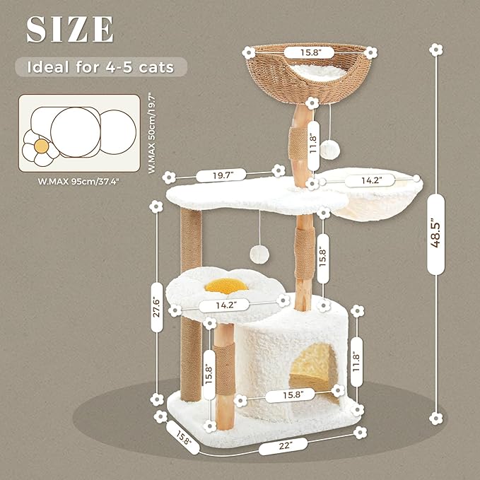 PETEPELA 48.5" Modern Cat Tree for Large Cats, Natural Solid Wood Cat Tower with Big Rattan Basket, Cozy Condo & Flower Cat Tree with Large Hammock for Indoor Cats, Kittens