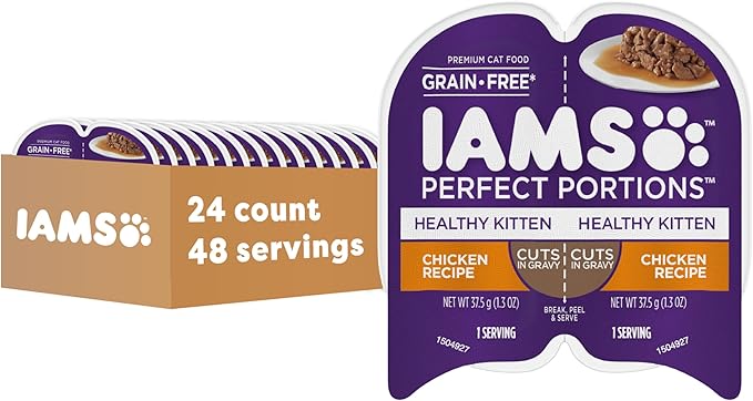IAMS Perfect Portions Healthy Kitten Grain Free Wet Cat Food, Cat Food Wet Cuts in Gravy Chicken Recipe, (24) 2.6 oz. Twin-Pack Trays
