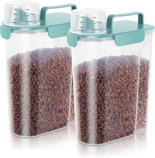 LEAWALK 5-7Lbs Dog Cat Food Storage Container with Upgraded Large Nozzle BPA-free, 4 Snap Seals Plastic Pet Food Storage Containers with Handles (Elegant Blue, 5L-2pack)
