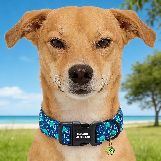 Elegant Little Tail Summer Dog Collar, Blue Turtle Pattern Soft Cotton Pet Collars with Sturdy Quick Release Buckle Male Adjustable Pet Collar for Small Medium Large Dogs