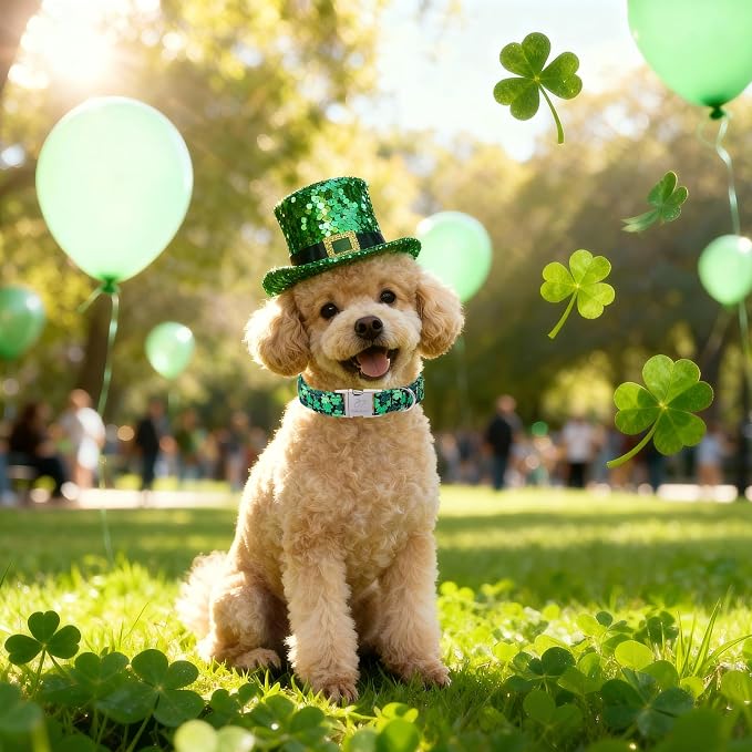 St. Patrick's Day Dog Collar, Lucky Clover Dog Collars, Adjustable Heavy Duty Irish Festive Pet Collar for Small Medium Large Dogs with Metal Buckle L