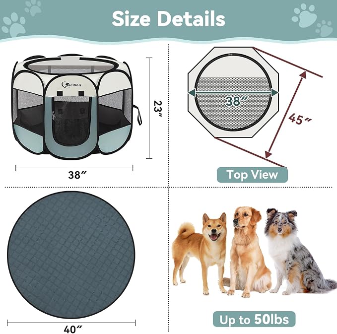 Siedihit Puppy Playpen for Large Dog Cat, Dogs Tent Crate Cage Indoor/Outdoor, Portable Pop Up Dog Kennel with Carrying Bag for Rabbits, Removable Top (Grey with Pad, Large)