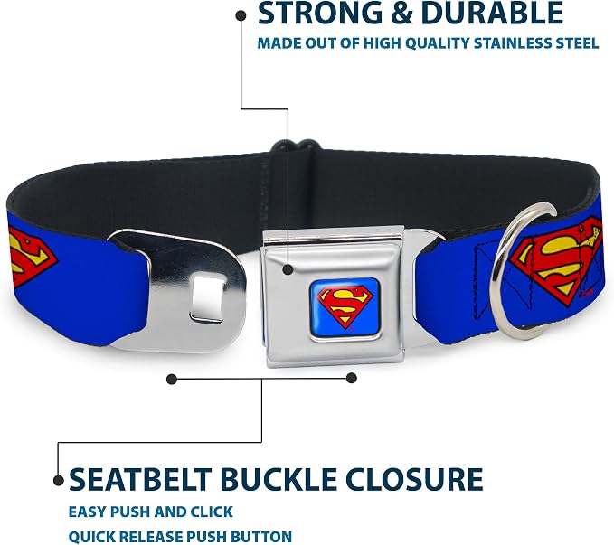 Buckle-Down Dog Collar Seatbelt Buckle Superman Shield Blue 16 to 23 Inches 1.5 Inch Wide