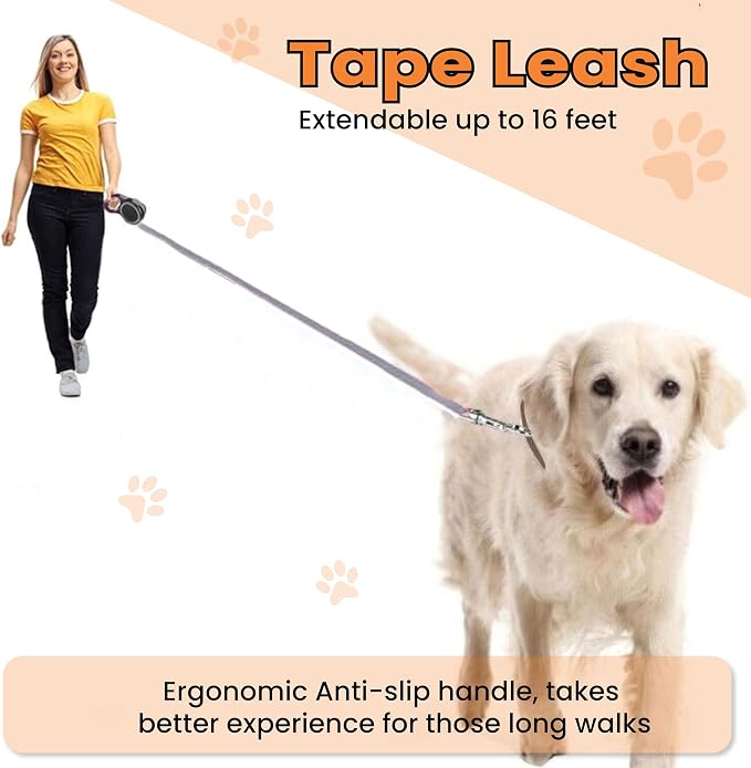 Retractable Dog Leash – Extendable up to 16 FT, Heavy Duty Nylon Tape, No-Tangle, One-Handed Brake & Lock, for Small to X-Large Dogs up to 44 lbs (Black)
