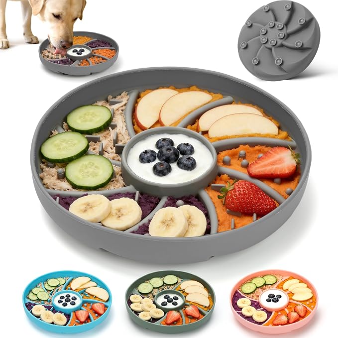 Silicone Dog & Cat Slow Feeder Bowl Lick Mat with Strong Suction Cups, Anti-Spill Design, Multi-Textured, Extend Mealtime, Reduce Anxiety, Dishwasher Safe, All Breeds & Ages (Grey)