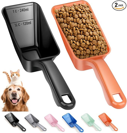 2-Pack Dog Food Scoop 1 Cup, Plastic Pet Food Measuring Scoop With Measuring Lines (1/2 & 1 Cup Markings) for Dogs, Cats, Fish, Bird（Black and Orange)