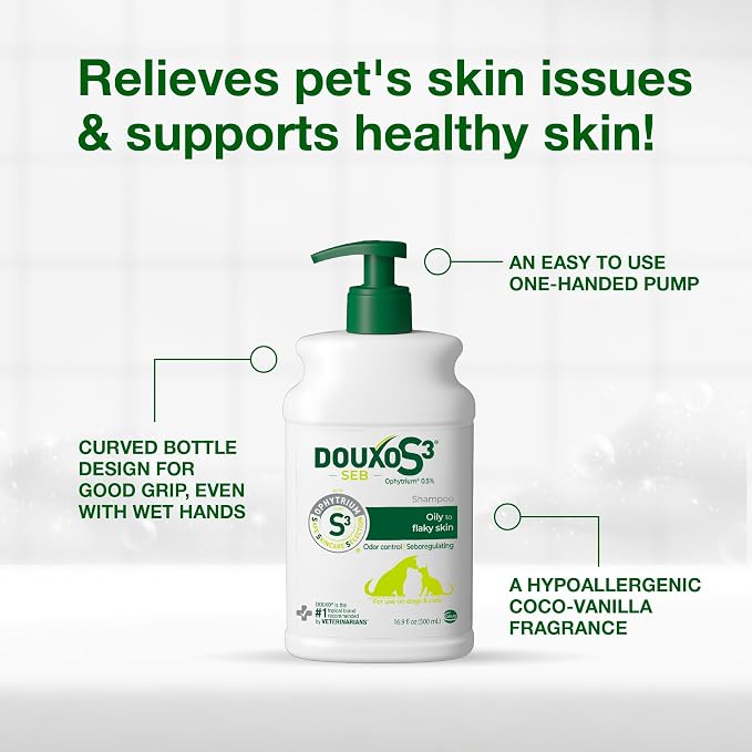 Douxo S3 SEB Dog Seboregulating Shampoo, Seborrhea Treatment for Dogs & Cats, Helps Control Dandruff, Unpleasant Odors & Oily/Flaky Skin, 0.5% Ophytrium, 16.9 fl oz
