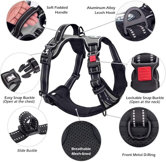 PoyPet No Pull Dog Harness, No Choke Front Lead Dog Reflective Harness, Adjustable Soft Padded Pet Vest with Easy Control Handle for Small to Large Dogs(Grey,S)