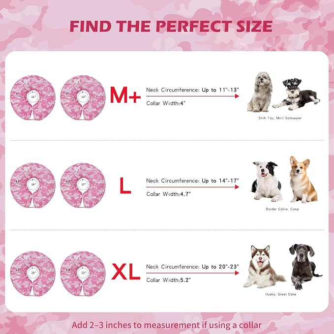 IEUUMLER Inflatable Recovery Dog Cone Collar, Neck Donut Protective ECollar, Adjustable Soft Collar for Dog and Cat After Surgery Prevent from Biting & Licking EU020 Pink Camo M+