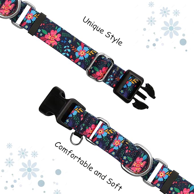 Martingale Collar for Dogs Floral Dog Collars for Small Medium Large Dogs with Buckle Adjustable Soft Nylon Dog Collar (Blue Pink Flower, XLarge)