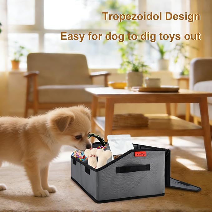 Dog Toy Box with Lid and Removable Divider, 19" Collapsible Toy basket and Handle，600D Fabric Cute Puppy Organizer for Pet Toys and Accessories - Grey - 1pcs