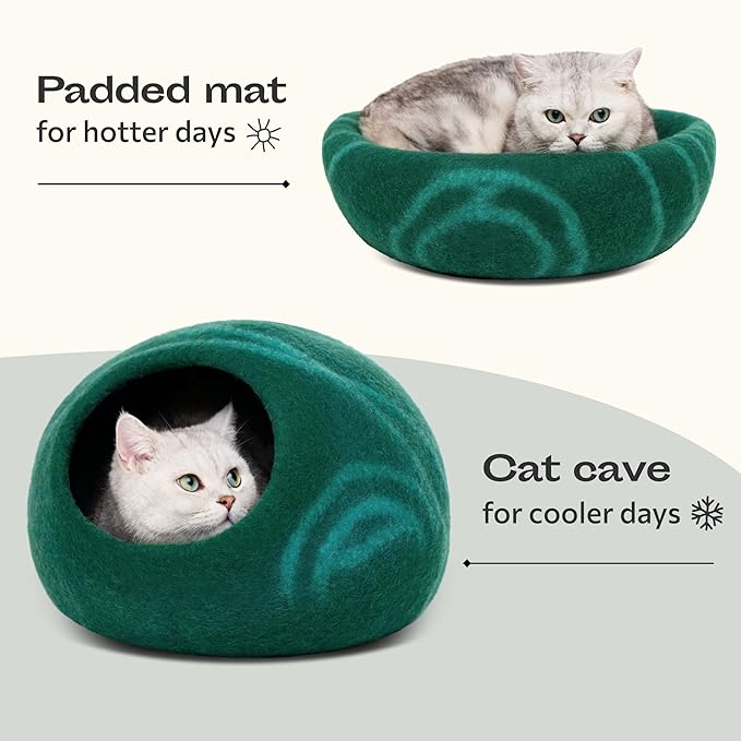 MEOWFIA Cat Cave – Premium Felt Cat Enclosure for Indoor Cats, Handmade Merino Wool (Emerald, Large)