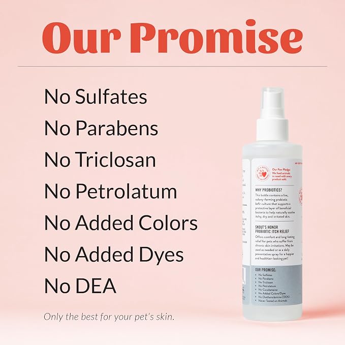 SKOUT'S HONOR Probiotic Itch Relief Spray for Pets - Non-Medicated, Fragrance-Free, Natural, Vegan, Long-Lasting Relief, with Soothing Aloe & Avocado Oil, 8 oz