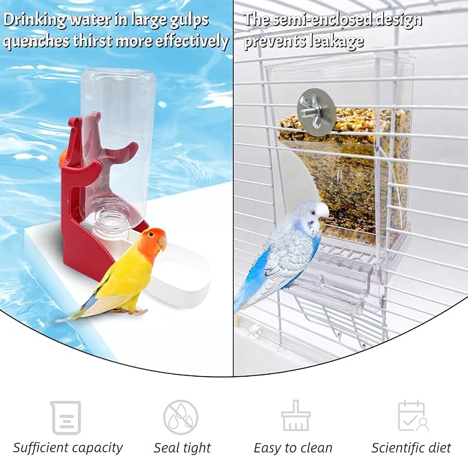 Parrot Automatic Feeder Bird Water Dispenser for Cage No Mess Bird Feeder Food Container Feeding Station Foraging with 3 Beak Grinding Stone for Cockatiel Cockatoo Canary Lovebirds