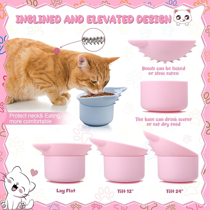 2 Pack Slow Feeder Cat Bowls Silicone Tilted Raised Pet Bowl with Non Slip Base for Digestion Anti Vomit, Pink, Blue